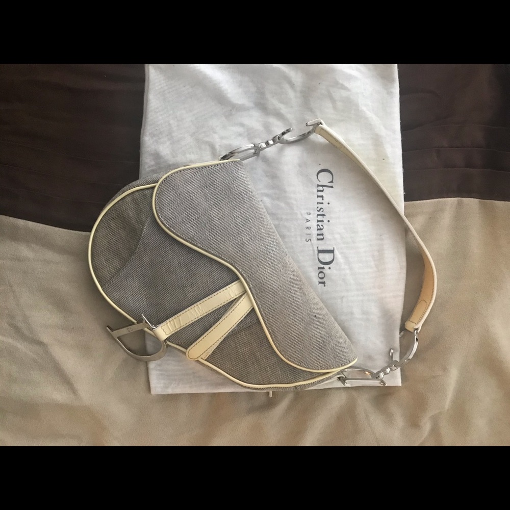 Authentic Vintage Christian Dior Saddle Bag – Gray Canvas & Patent Leather